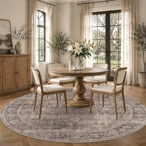 Washable 6ft Round Living Room Soft Rug Retro Taupe Navy Throw Carpet - Image 4