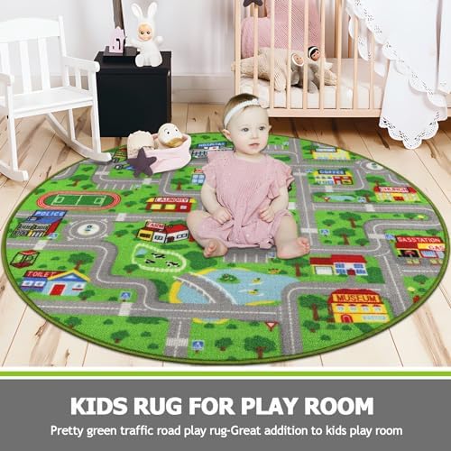 Capslpad Green Car Road Kid Rug Carpet Playmat for Playoom Traffic Road Kids Play Mat for Toddler Non Slip Washable City Map Race Track Carpet Rug for Kids Room Bedroom Nursery Room Decor,4'x4' - Image 6