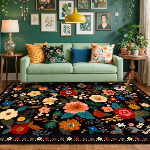 RELEANY Floral Washable 6x9 Area Rugs Black by RELEANY