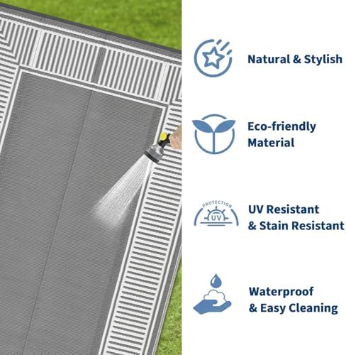GAOMON Large Outdoor Camping Rug 9x18 Modern Bordered Reversible Outdoor Carpet, Foldable Retro Plastic Straw Rug, Portable Outside Patio Rugs Floor Mat for Porch, Beach, Balcony, Backyard,Border-Grey - Image 5