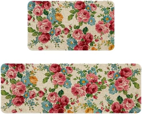 Red Pink Floral Kitchen Mats for Floor 2 Piece Home Decor, Country Spring Flower Kitchen Rugs Sets of 2 Non Slip Washable by Unknown