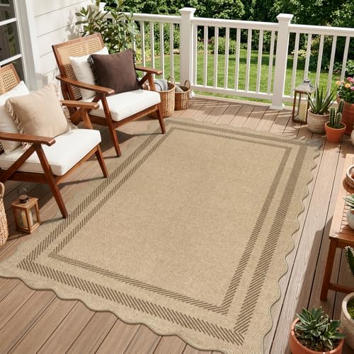 LIVEBOX Scalloped Easy Jute 4x6 Outdoor Rug, Washable Non Slip Geometric Area Rugs for Living Room Bedroom, Indoor Outdoor Farmhouse Rug Modern Carpet Door Mat Tan Rugs for Patio Dining Room Entryway - Image 2