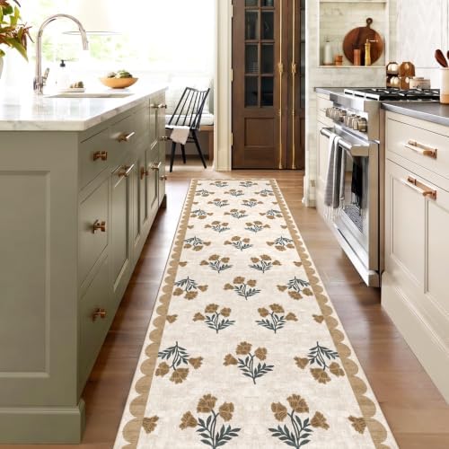 Non Slip Washable Hallway Runner Rug - 2.6x10 Long Beige Kitchen Runner Rug Soft Boho Runners for Hallways Cottage Floral Scalloped Area Rug for Bedroom Entryway Foyer Bathroom Double Vanity - Image 5