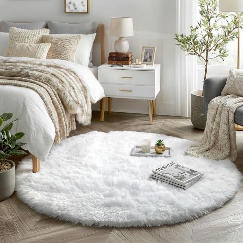 Amdrebio White Furry Round Circle Rug 6Ft for Bedroom Living Room Playroom by Amdrebio