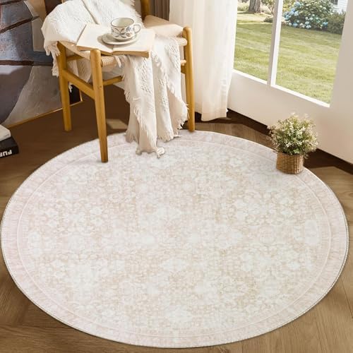 Sasttie Round Rug 4ft, Ultra-Soft Washable Rug for Living Room, Cream by SASTTIE