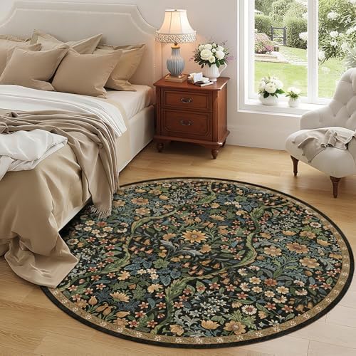 Round Rug 6ft Floral Circle Rug Brown Botanical Indoor Area Rug by NakedCloud