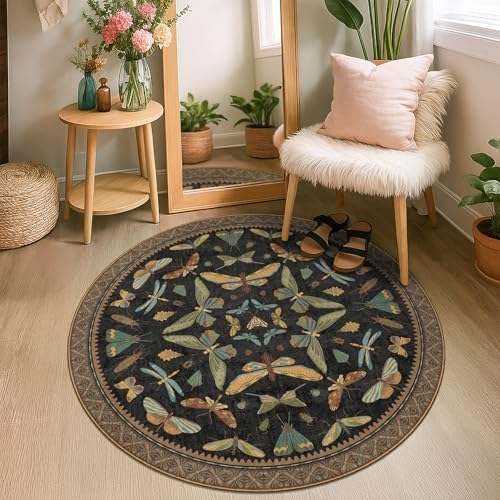Black Boho 4ft Round Small Rugs for Entryway Non Slip - Washable Insect & Floral Rug for Living Room, Kitchen, Low Pile Soft Stain Resistant Carpet, Vintage Indoor Décor by HazoHaus