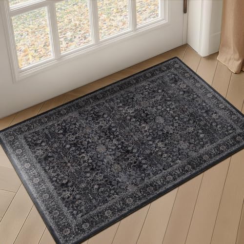 Dark Entryway Rug 2x3, Kitchen Rugs Non Slip Washable, Low Pile Ultra Thin Door Mat Indoor Entrance, Small Carpet for Bedroom Bathroom, Vintage Farmhouse Earth Tone Midnight by Jainmy