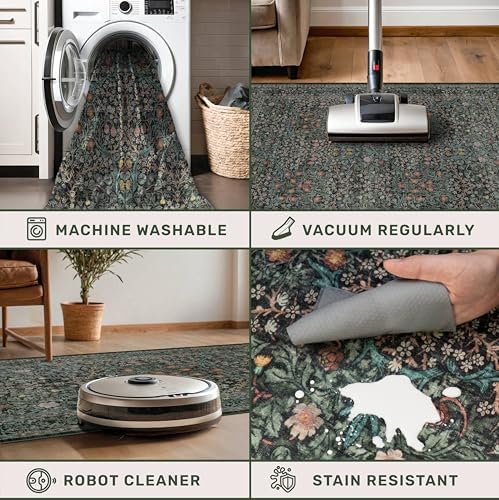 Dark Green Washable Entry Rug - Front Door Throw Rugs Indoor, Non-Slip Bathroom Small Rugs, Vintage Floral Thin Rug for Kitchen, Boho Entryway Décor (2x3 Dark Green) - Image 4