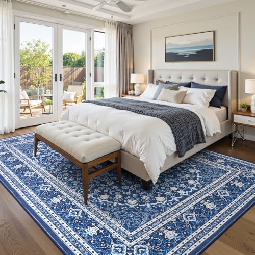 8x10 Area Rugs for Living Room, Washable Non-Slip Rug, Oriental Dark Blue - Image 3