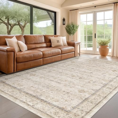 Washable Ivory 5x7 Rug for Bedroom, Home Office, Non Slip Dinning Rugs for Under Table, Low Pile Neutral Farmhouse Retro Living Room Carpet by HazoHaus