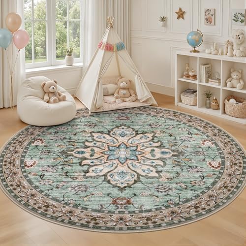 Round Area Rug for Living Room: 6ft Boho Washable Rug Brown Green - Image 5