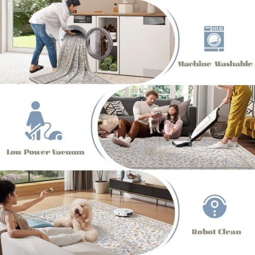 Area Rug 9x12 Washable Rug, Vintage Boho Medallion Rugs Non-Slip Soft Low Pile Large Distressed Rug Indoor Retro Carpet for Living Room Bedroom Dining Room Home Office (BeigeBlue, 9'x12') - Image 5