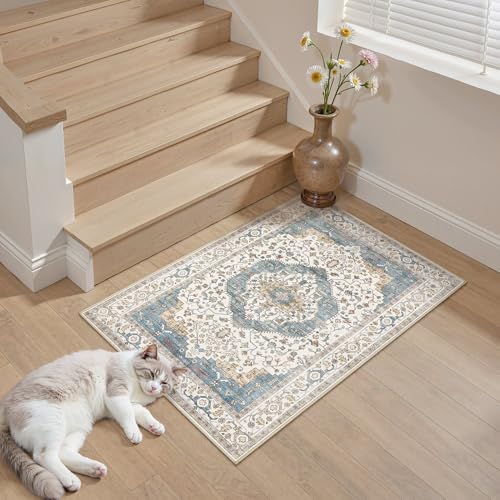 2x3 Washable Entryway Rug: Non-Slip Soft Small Indoor Area Rug for Bedroom Kitchen, Low Pile Stain-Resistant Durable Vintage Floral Carpet for Porch Laundry Kids Room Home Decor (Blue) - Image 3