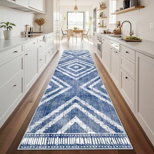 2x10Ft Boho Hallway Runner Rugs Non Slip, Blue Geometric Washable Rug Runners for Kitchen, Soft Low Pile Modern Farmhouse Entryway Floor Carpets for Entrance Doorway Bedroom Home Decor - Image 2