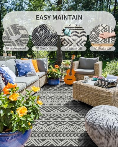 MontVoo Outdoor Rug Carpet Waterproof 5x8 Outdoor Patio Rug Mat Reverisble Plastic Straw Outdoor Rug for RV Camping Picnic Beach Balcony Boho Grey - Image 2