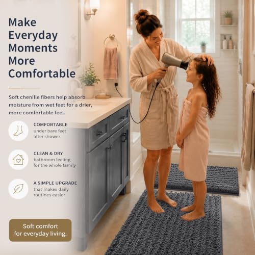 Yimobra Bathroom Rug Set 3 Piece, Super Absorbent Bath Mat Set, Dark Gray - Image 4