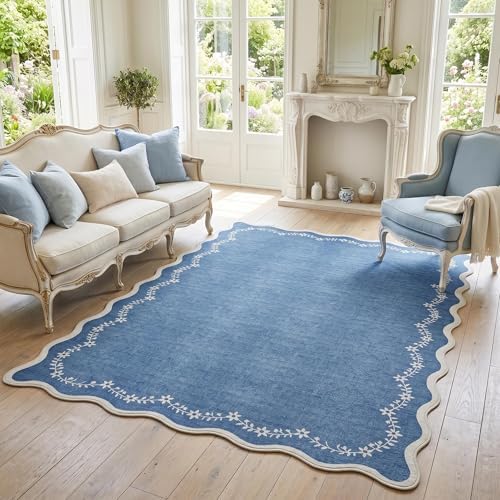 GarveeHome 5x7 Scalloped Area Rug Blue Washable Bedroom Living Room Rug by GarveeHome