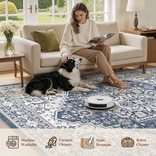 UERMEI 10x12 Area Rug for Living Room - Washable Vintage Carpet, Non-Slip Soft Large Indoor Floor Rugs for Bedroom Home Office & Under Dining Table Decor, Denim Blue/White - Image 6
