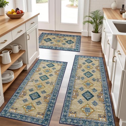 Kitchen Rugs Sets of 3 Non Slip Washable Kitchen Mats for Floor, Tan Blue by Tritard