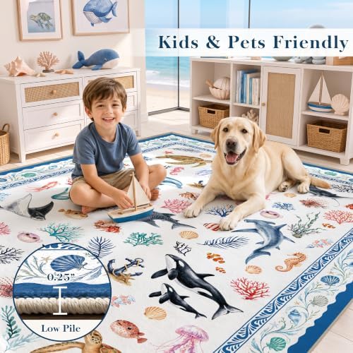 Arenarug Coastal Area Rug 3x5 Washable Ocean Beach Bedroom Rug, Ivory Blue - Image 4