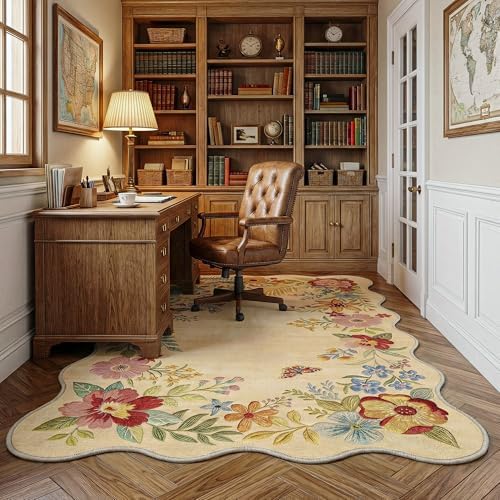 FMFUNCTEX 4x5 Washable Beige Floral Vintage Scalloped Area Rug for Entryway - Image 2