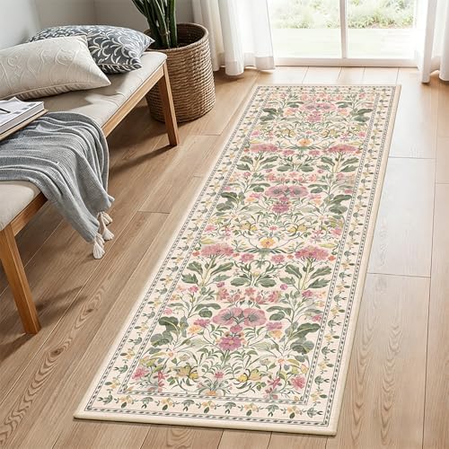2x6 Soft Washable Runner Rugs: Velvet Feel & 5-10 Degrees Warmer Underfoot - Cottagecore Floral Hallway Carpet for Bedroom Kitchen Entryway - Family & Pet Friendly (Blush Pink) by WIEVEDENS
