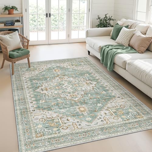 befbee Area Rugs for Living Room 3x5, Boho Non Slip Low Pile Carpet Green by Befbee
