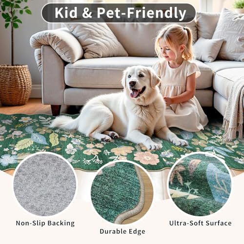 2x10 Washable Hallway Runner Rug: Scalloped Floral Long Kitchen Rugs Green - Image 4