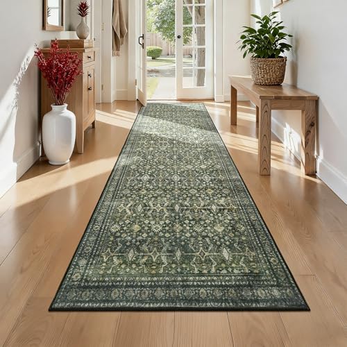 2'6"x12' Area Rugs for Hallways, Green Washable Non-Slip Kitchen Runner Rug by Lofus