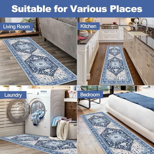 Yamaziot Washable Runner Rug, 2x6 Non-Slip Boho Vintage Hallway Rug Runner with Rubber Backing, Stain Resistant & Low Pile Faux Wool Distressed Carpet Runner for Kitchen, Laundry, Entrance, Blue - Image 6