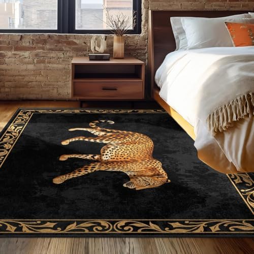 Black Leopard Area Rug 9x12 Luxury Vintage Washable Floor Mat - Image 2