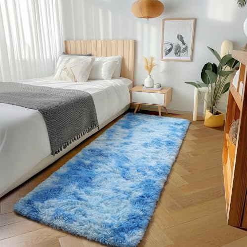Runner Rugs for Boys Bedroom Living Room, Fluffy Tie-Dyed Blue 2x6 Area Rug by ONASAR