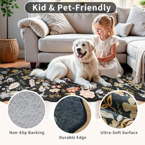 3x20 Hallway Runner Rug Washable: Boho Extra Long 20ft Scalloped Rug Black - Image 4