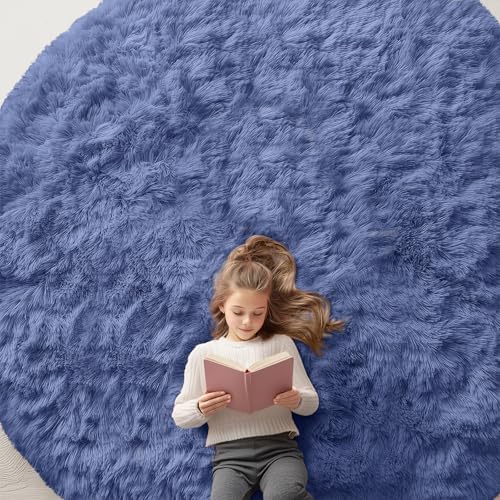OLANLY Denim Blue Round Rugs for Bedroom - Machine Washable, 9 ft Circle Area Rugs for Living Room, Soft and Fluffy Shaggy Carpet for Teen Girl and Boys, Nursery Rooms, Dorms, Home Decor Aesthetic by OLANLY