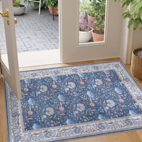 DUKINO 2x3 Rug, Washable Vintage Floral Bathroom Rugs Non Slip, Sky Blue by DUKINO