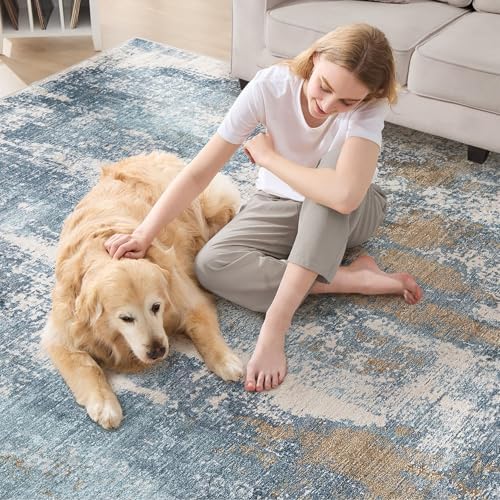 DMOYEST Area Rug Living Room Rugs - 5x7 Washable Soft Indoor Neutral Modern Abstract Low Pile Rug Carpet for Bedroom Dining Room Farmhouse Home Office - Blue Brown - Image 5