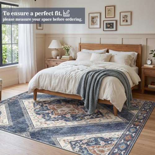5x7Ft Boho Washable Area Rugs for Living Room, Blue/Multi Thin Bedroom Rugs Non Slip, Moroccan Soft Kids Nusery Area Floor Carpets for Dining Room Playroom Kitchen Home Office Decor - Image 3