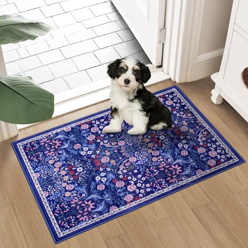 PLHXFR 2x3 Small Entryway Rug: Floral Washable Indoor Soft Carpet Blue - Image 2