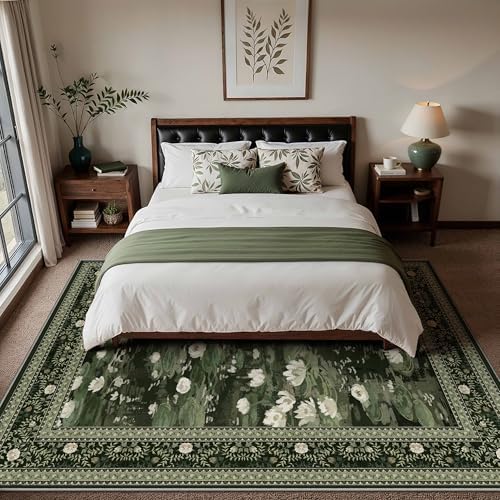 PureCozy Green Area Rug 6x9 Living Room Vintage Floral Non-Slip Carpet - Image 3