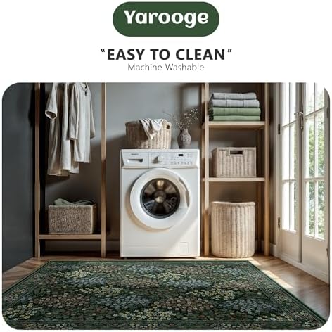 5x7 Area Rugs, Vintage Washable Rug for Bedroom, Indoor Non-Slip Rugs for Living Room, Dining Room, Low Pile Floral Rug(Dark Green Floral) - Image 5