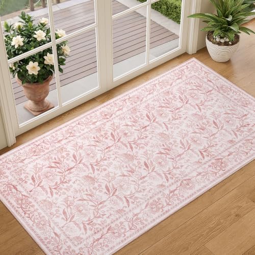 DUKINO 2x4 Rug, Washable Vintage Floral Entryway Rug Non Slip, Light Pink by DUKINO