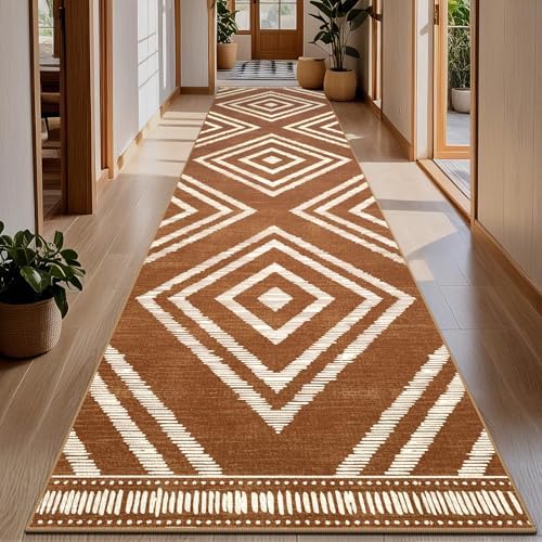 Boho Hallway Runner Rugs 2.6x14ft Non Slip, Long Brown Washable Entryway Rug Runners Non Shedding, Geometric Kitchen Floor Carpets for Doorway Entrance Farmhouse Living Room Home Decor - Image 4
