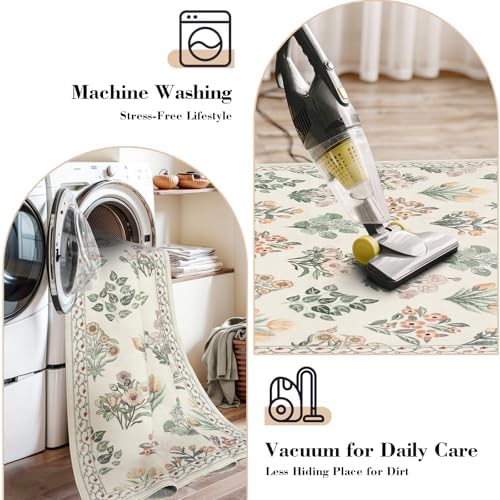 Wonnitar Floral Machine Washable 3x5 Rug, Small Area Rug for Kids Bedroom Nursery, Ultra-Thin Non Slip Soft Moroccan Throw Carpet for Dorm Living Room Large Entryway, Cream Beige - Image 6