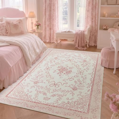 5x8 Pink Floral Rug for Girls Room, Cute College Dorm Rug, Coquette Girly Bow Room Decor Washable Boho Vintage Rugs for Nursery Bedroom by Unknown