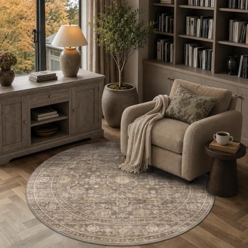 JOOJA 4x4 Tan Vintage Soft Low Pile Washable Boho Small Round Kitchen Rug - Image 2