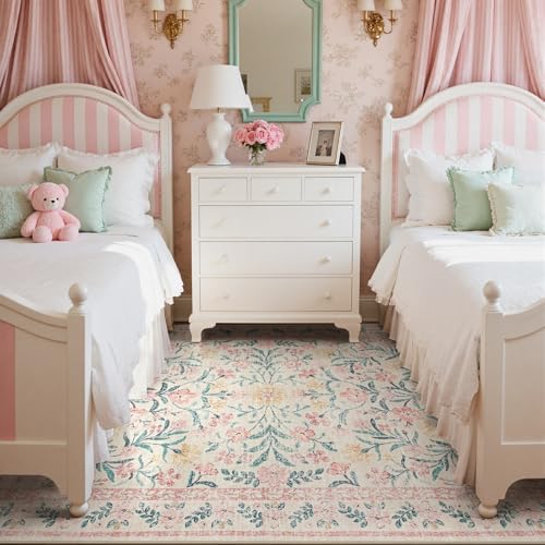 Wonnitar Pink Rugs for Nursery, 5x7 Washable Rug for Bedroom Girls, Boho Soft Floral Carpet Non Slip, Indoor Ultra-Thin Floor Carpet for Baby Kids Room Living Room Dorm Decor - Image 6
