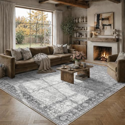JOOJA 8x10 Grey Vintage Soft Low Pile Non Slip Boho Washable Area Rug - Image 2