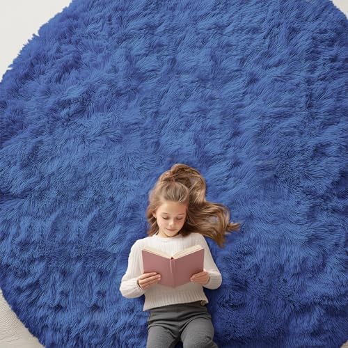 OLANLY Navy Blue Round Rugs for Bedroom - Machine Washable, 9 ft Circle Area Rugs for Living Room, Soft and Fluffy Shaggy Carpet for Teen Girls and Boys, Nursery Rooms, Dorms, Home Decor Aesthetic by OLANLY