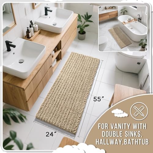 Yimobra Bathroom Runner Rug 55x24 Inch - Extra Long Non Slip Chenille Bath Mat, Soft & Absorbent, Machine Washable Shaggy Hallway Carpet for Vanity Tub Shower, Camel Home Decor Accessories - Image 2